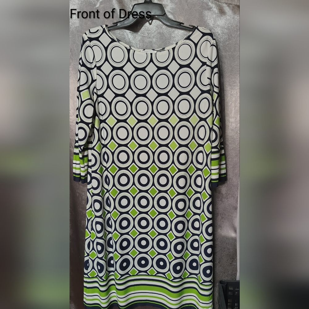 London Style Collection Black White And Green Geometric Patterned Dress Size 18